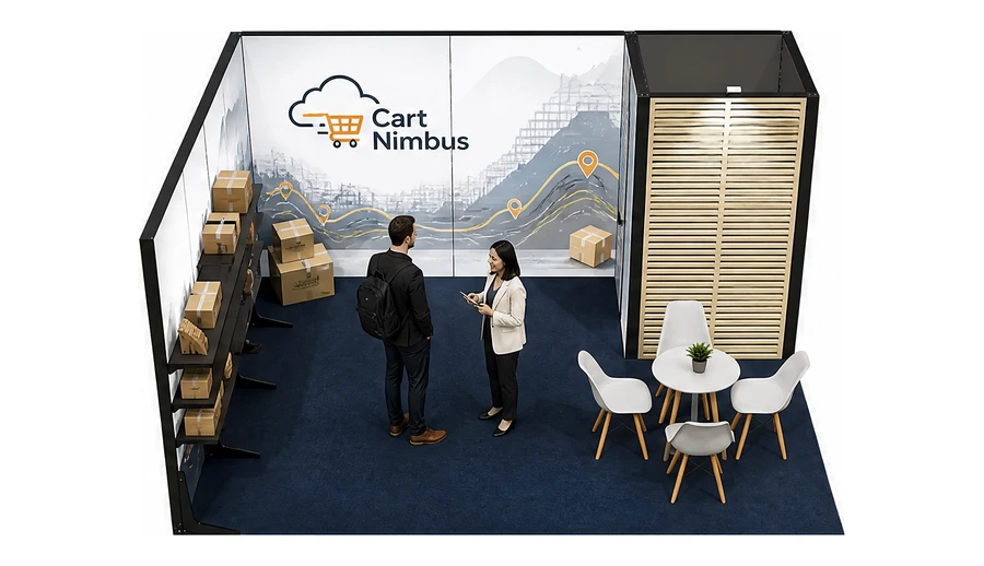 Stoisko 5 × 4 m narożne lewe dla branży e-commerce, przykładowa marka Cart Nimbus