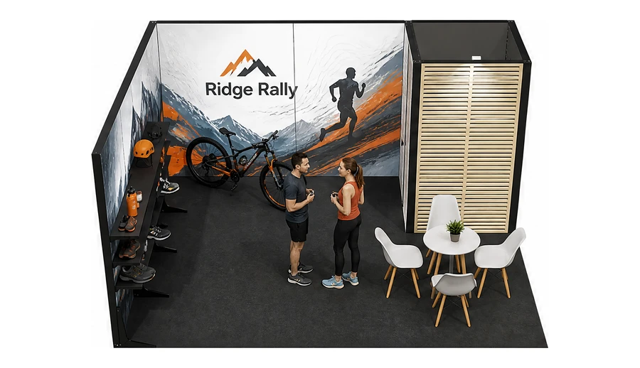 Stoisko 5 × 4 m narożne lewe dla branży sprzęt sportowy, przykładowa marka Ridge Rally