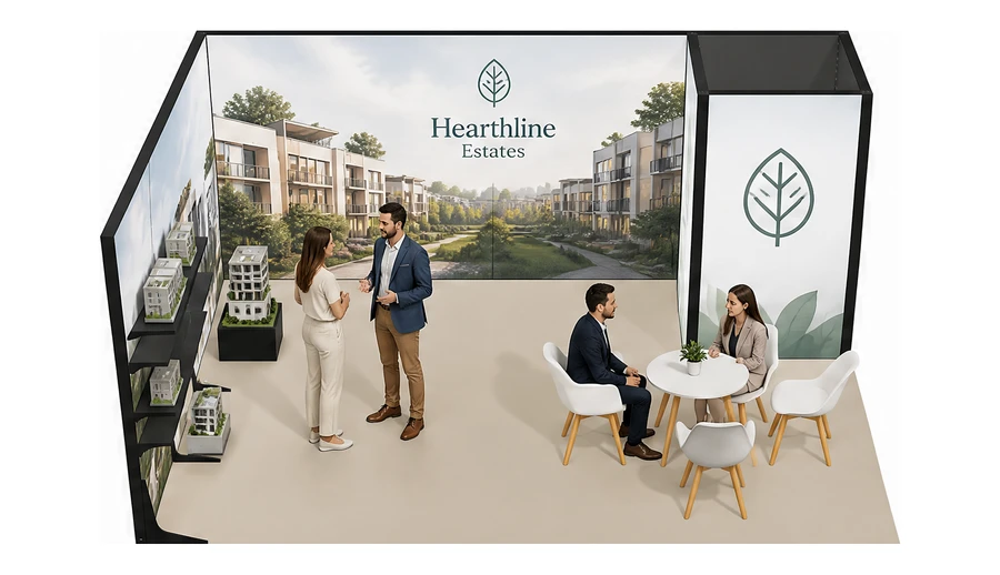 Stoisko 5 × 4 m narożne lewe dla branży deweloperzy i nieruchomości, przykładowa marka Hearthline Estates