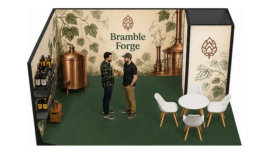 Stoisko 5 × 4 m narożne lewe dla branży browar rzemieślniczy, przykładowa marka Bramble Forge