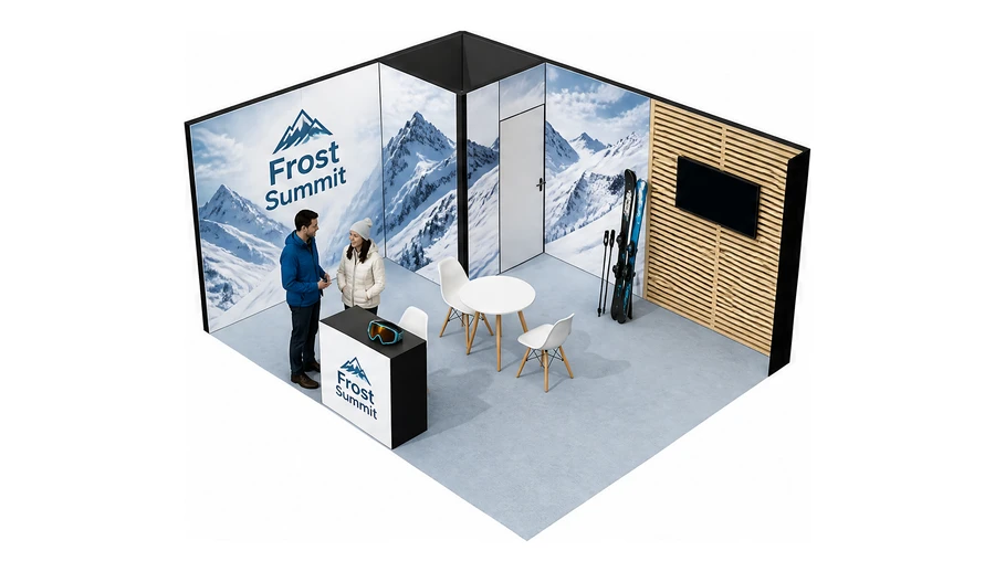 Stoisko 5 × 4 m narożne lewe dla branży narciarstwo i sporty zimowe, przykładowa marka Frost Summit