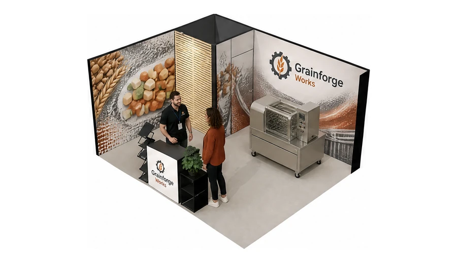 Stoisko 5 × 4 m narożne lewe dla branży technologie spożywcze, przykładowa marka Grainforge Works