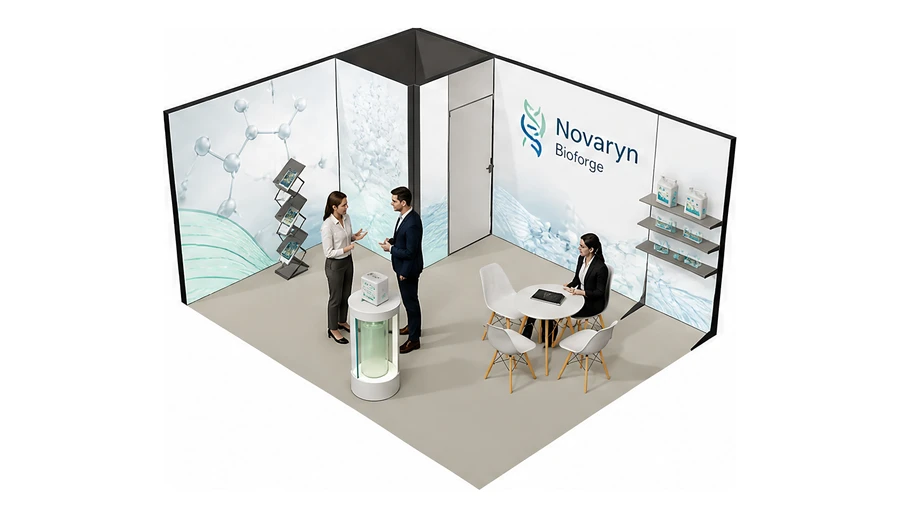 Stoisko 5 × 4 m narożne lewe dla branży farmacja i biotechnologia, przykładowa marka Novaryn Bioforge