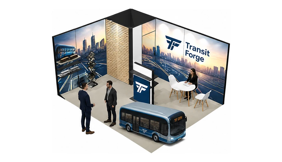 Stoisko 5 × 4 m narożne lewe dla branży autobusy i transport zbiorowy, przykładowa marka Transit Forge