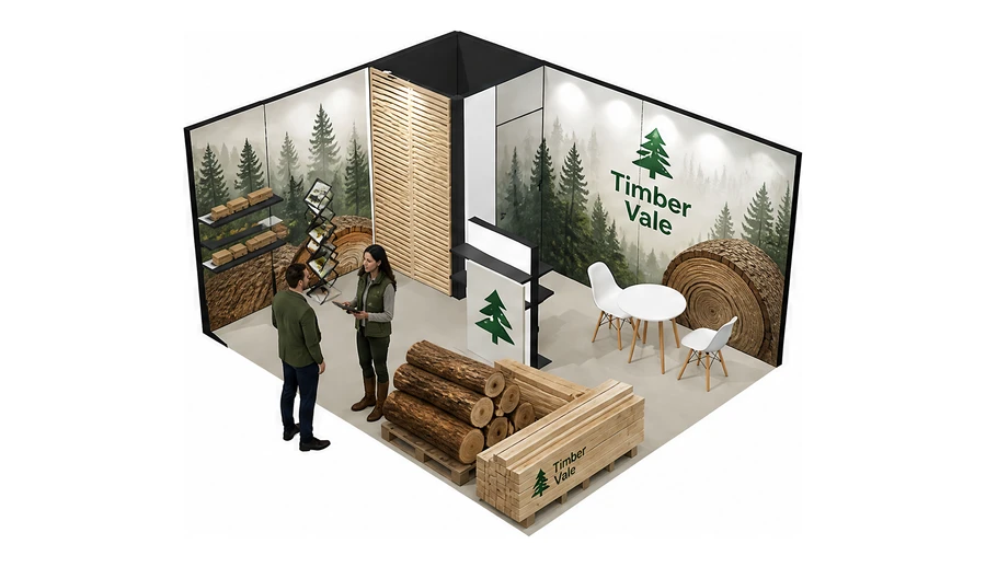 Stoisko 5 × 4 m narożne lewe dla branży leśnictwo i przemysł drzewny, przykładowa marka Timber Vale