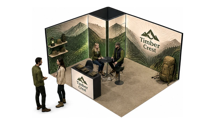 Stoisko 5 × 4 m narożne lewe dla branży odzież i sprzęt outdoorowy, przykładowa marka Timber Crest