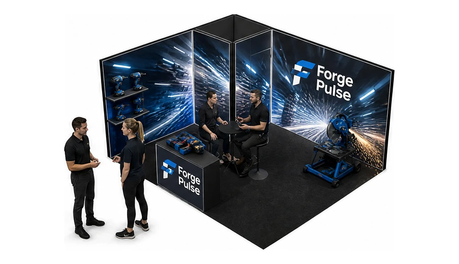 Stoisko 5 × 4 m narożne lewe dla branży elektronarzędzia, przykładowa marka Forge Pulse