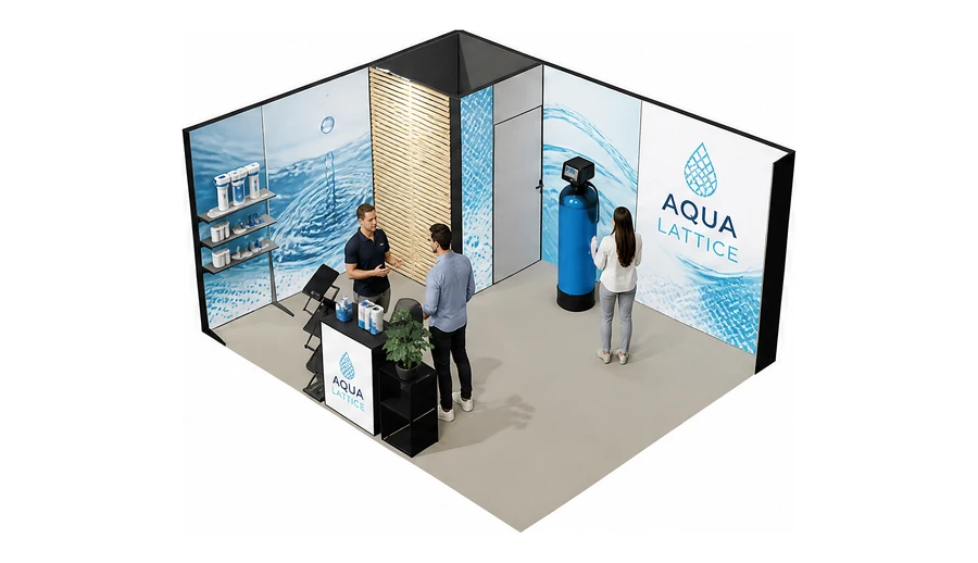 Stoisko 5 × 4 m narożne lewe dla branży technologie wodne, przykładowa marka Aqua Lattice