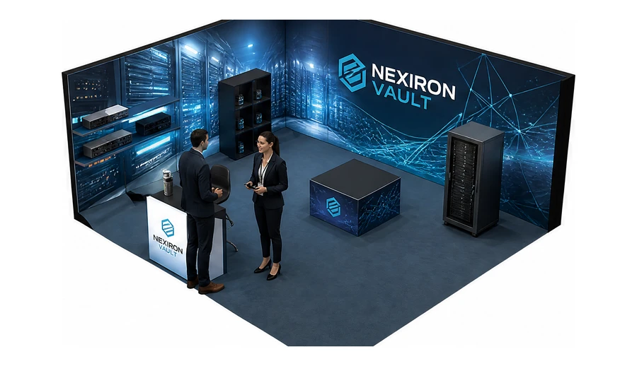 Stoisko 5 × 5 m narożne lewe dla branży infrastruktura IT i data center, przykładowa marka Nexiron Vault