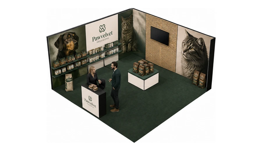 Stoisko 5 × 5 m narożne lewe dla branży karma dla zwierząt, przykładowa marka Pawvelvet Provisions