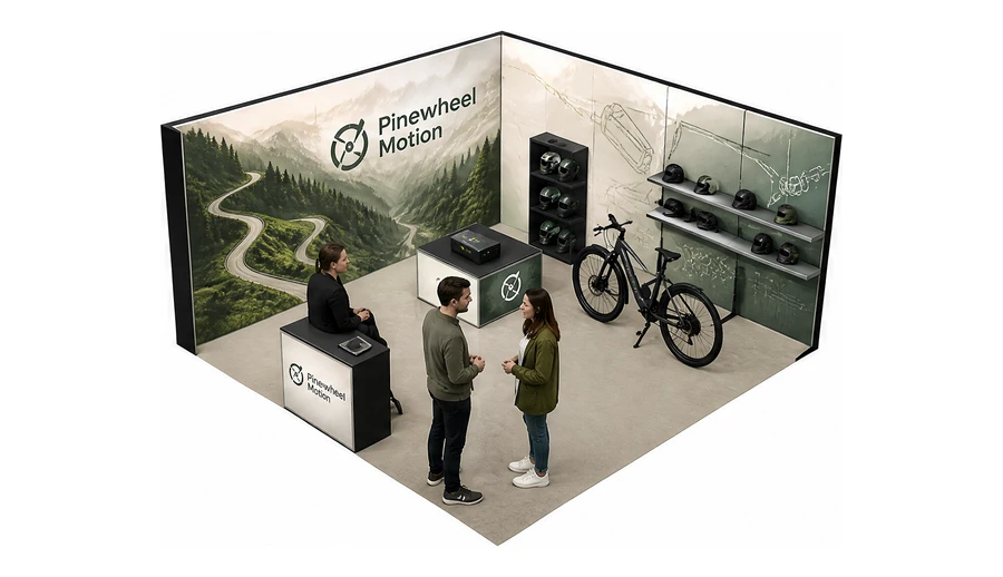 Stoisko 5 × 5 m narożne lewe dla branży rowery elektryczne, przykładowa marka Pinewheel Motion