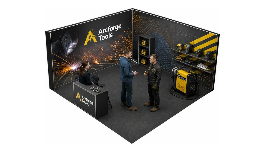 Stoisko 5 × 5 m narożne lewe dla branży spawalnictwo, przykładowa marka Arcforge Tools