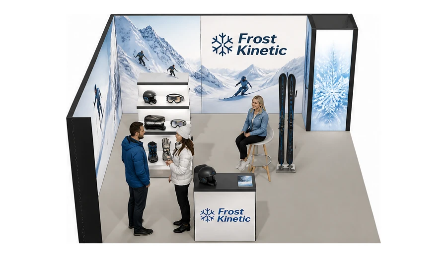 Stoisko 5 × 5 m narożne lewe dla branży narciarstwo i sporty zimowe, przykładowa marka Frost Kinetic