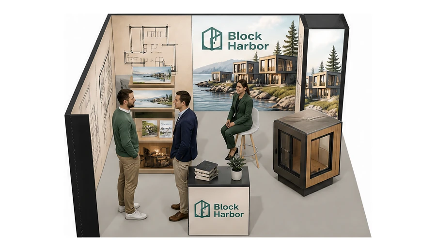Stoisko 5 × 5 m narożne lewe dla branży domy modułowe i prefabrykacja, przykładowa marka Block Harbor