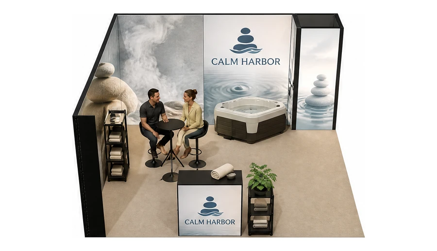 Stoisko 5 × 5 m narożne lewe dla branży spa i wellness, przykładowa marka Calm Harbor