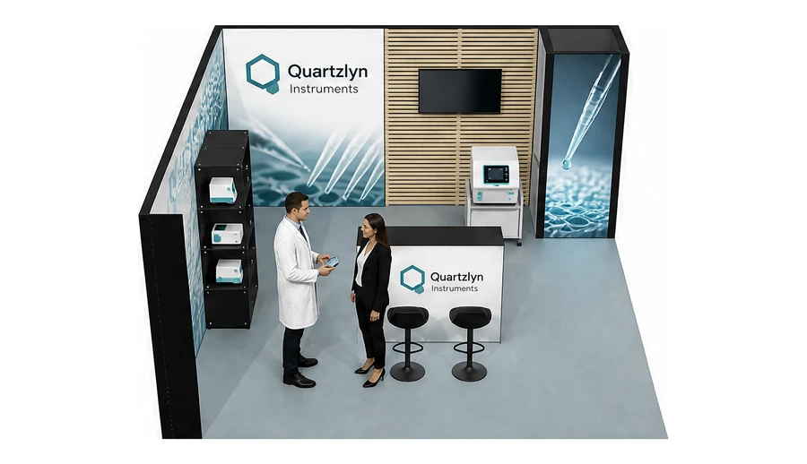 Stoisko 5 × 5 m narożne lewe dla branży sprzęt laboratoryjny, przykładowa marka Quartzlyn Instruments