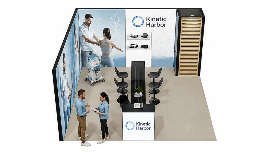 Stoisko 5 × 5 m narożne lewe dla branży rehabilitacja i fizjoterapia, przykładowa marka Kinetic Harbor