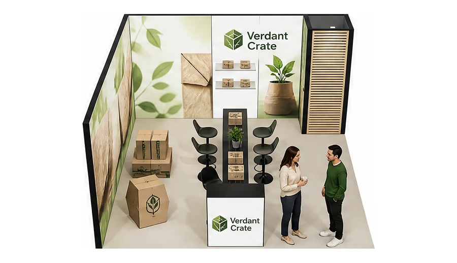 Stoisko 5 × 5 m narożne lewe dla branży opakowania ekologiczne, przykładowa marka Verdant Crate
