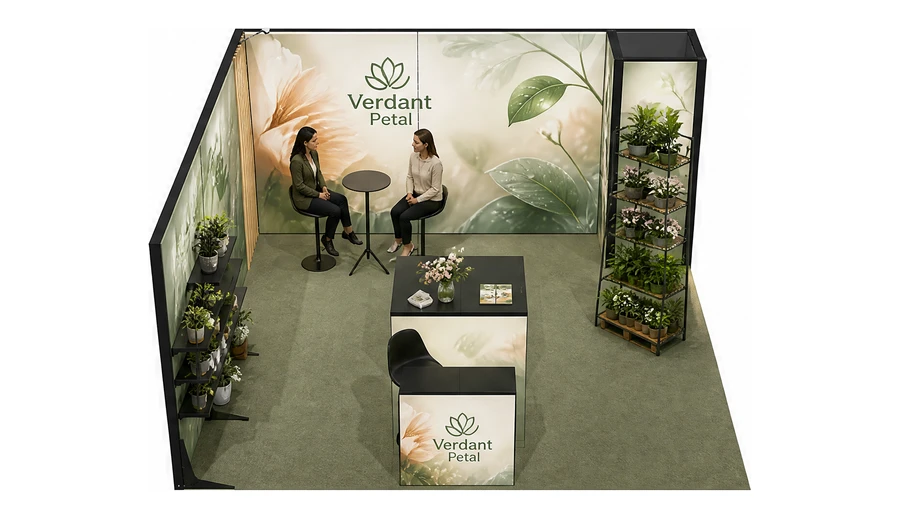 Stoisko 5 × 5 m narożne lewe dla branży rośliny i kwiaciarstwo, przykładowa marka Verdant Petal