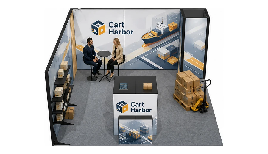 Stoisko 5 × 5 m narożne lewe dla branży e-commerce, przykładowa marka Cart Harbor