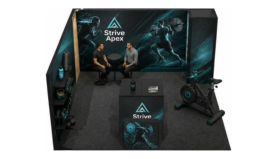 Stoisko 5 × 5 m narożne lewe dla branży sprzęt sportowy, przykładowa marka Strive Apex