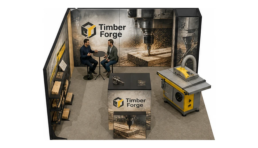 Stoisko 5 × 5 m narożne lewe dla branży maszyny do obróbki drewna, przykładowa marka Timber Forge