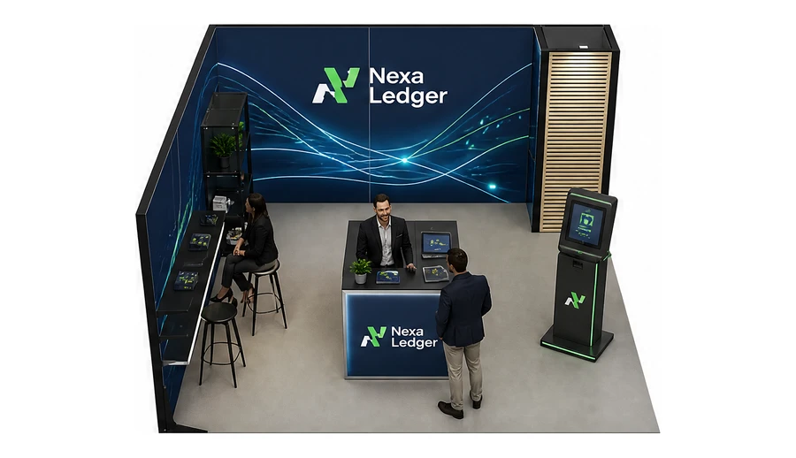Stoisko 5 × 5 m narożne lewe dla branży płatności online, przykładowa marka Nexa Ledger