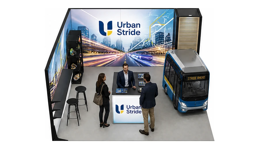 Stoisko 5 × 5 m narożne lewe dla branży autobusy i transport zbiorowy, przykładowa marka Urban Stride