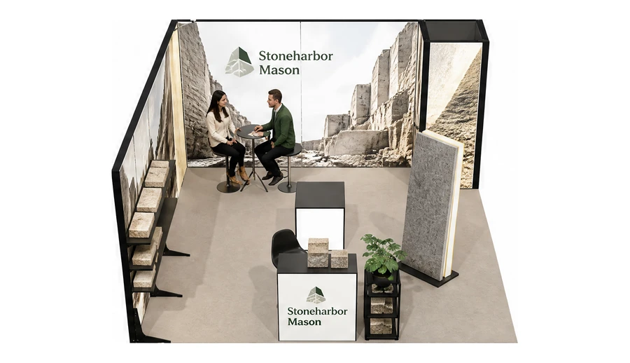 Stoisko 5 × 5 m narożne lewe dla branży materiały budowlane, przykładowa marka Stoneharbor Mason
