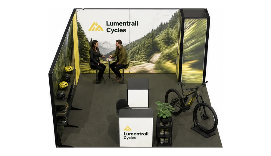 Stoisko 5 × 5 m narożne lewe dla branży rowery elektryczne, przykładowa marka Lumentrail Cycles