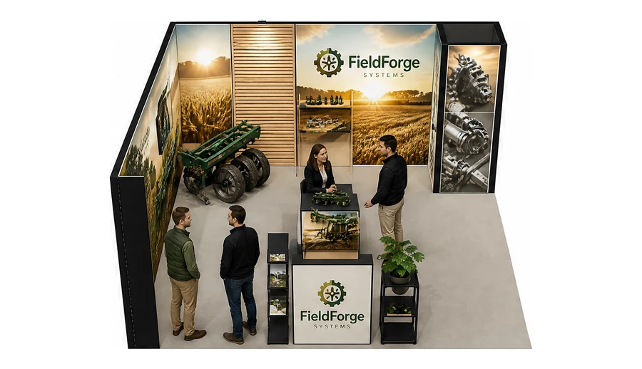 Stoisko 5 × 5 m narożne lewe dla branży maszyny rolnicze, przykładowa marka FieldForge Systems