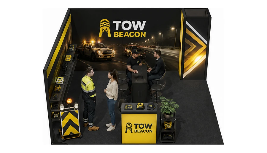 Stoisko 5 × 5 m narożne lewe dla branży pomoc drogowa i lawety, przykładowa marka Tow Beacon