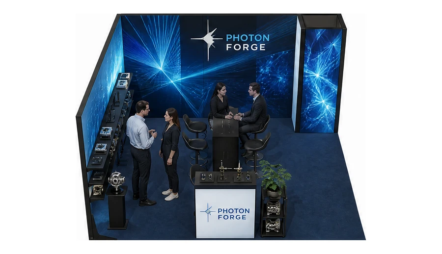 Stoisko 5 × 5 m narożne lewe dla branży technika laserowa i fotonika, przykładowa marka Photon Forge