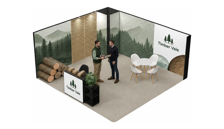 Stoisko 5 × 5 m narożne lewe dla branży leśnictwo i przemysł drzewny, przykładowa marka Timber Vale