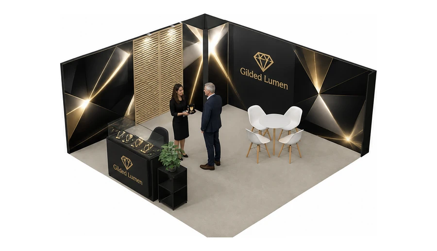 Stoisko 5 × 5 m narożne lewe dla branży biżuteria, przykładowa marka Gilded Lumen