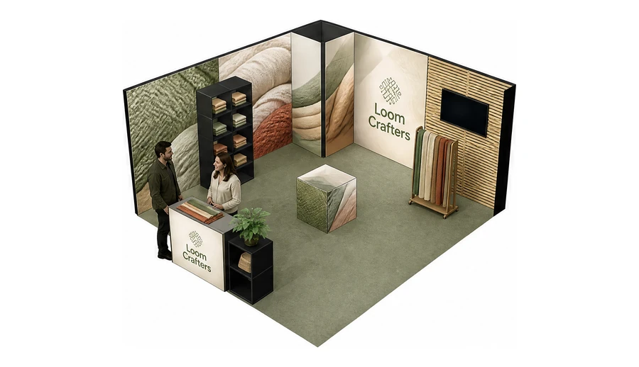Stoisko 5 × 5 m narożne lewe dla branży tekstylia i tkaniny, przykładowa marka Loom Crafters
