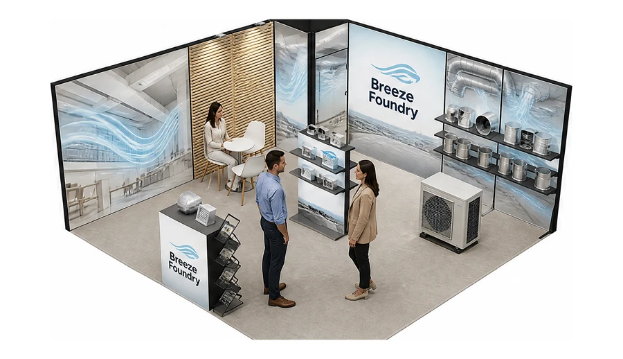 Stoisko 5 × 5 m narożne lewe dla branży wentylacja i klimatyzacja, przykładowa marka Breeze Foundry