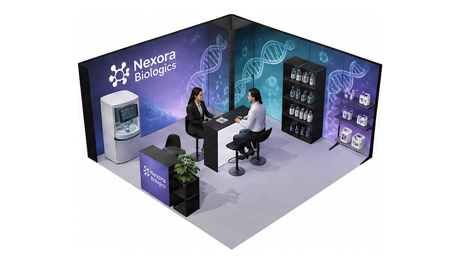 Stoisko 5 × 5 m narożne lewe dla branży farmacja i biotechnologia, przykładowa marka Nexora Biologics