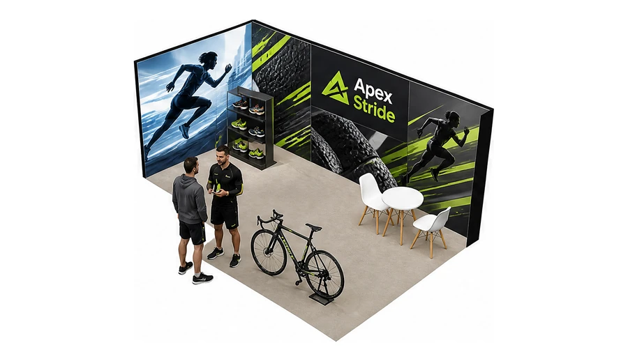 Stoisko 6 × 3 m narożne lewe dla branży sprzęt sportowy, przykładowa marka Apex Stride