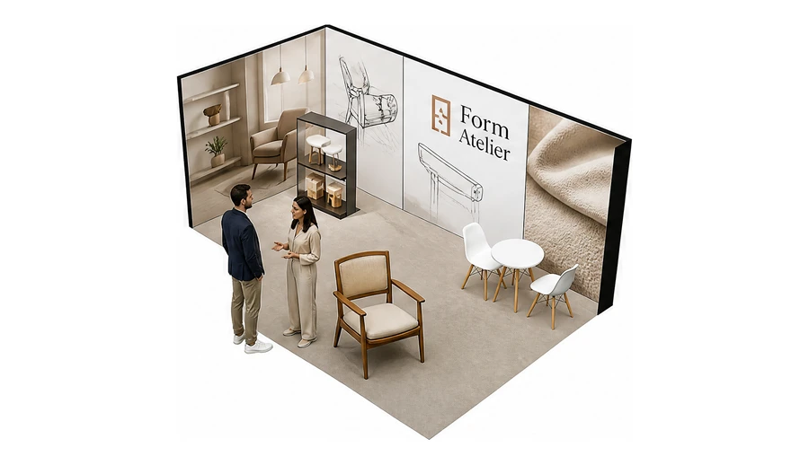 Stoisko 6 × 3 m narożne lewe dla branży meble designerskie, przykładowa marka Form Atelier