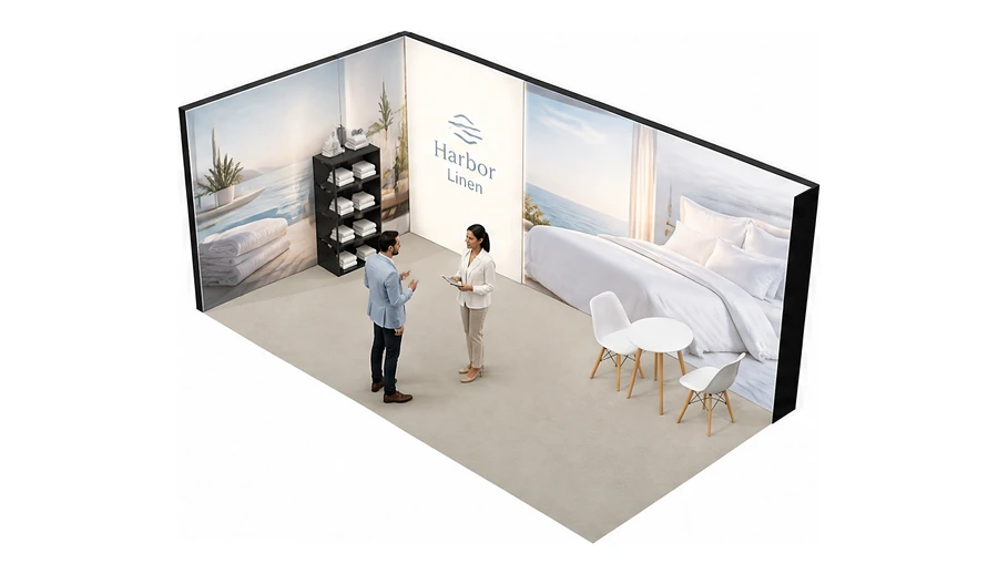 Stoisko 6 × 3 m narożne lewe dla branży wyposażenie hoteli, przykładowa marka Harbor Linen