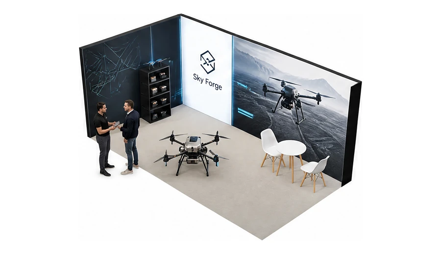 Stoisko 6 × 3 m narożne lewe dla branży drony i robotyka, przykładowa marka Sky Forge