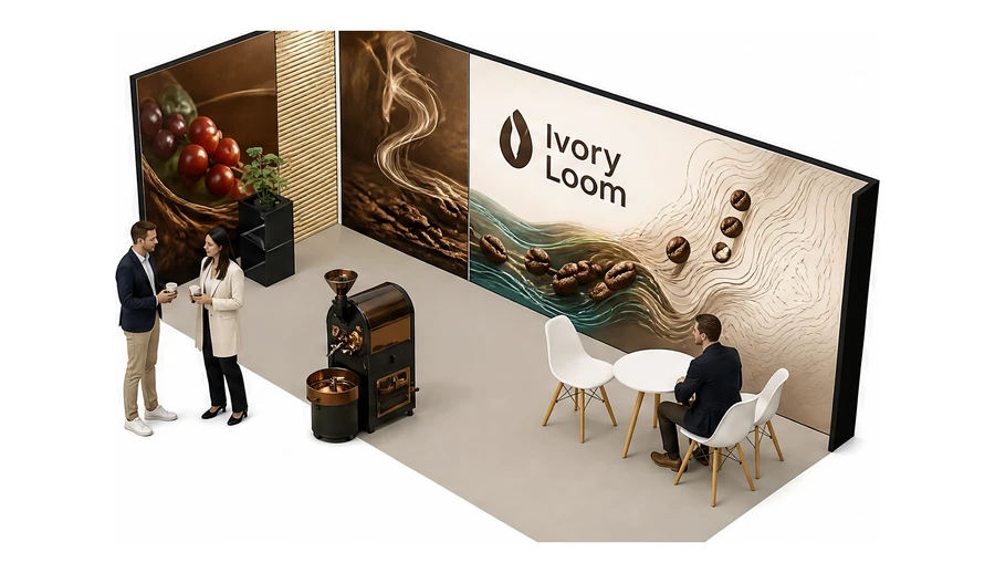 Stoisko 6 × 3 m narożne lewe dla branży palarnia kawy, przykładowa marka Ivory Loom