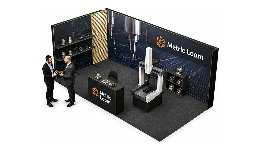 Stoisko 6 × 3 m narożne lewe dla branży technika pomiarowa, przykładowa marka Metric Loom