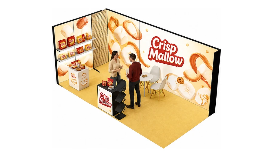 Stoisko 6 × 3 m narożne lewe dla branży słodycze i przekąski, przykładowa marka Crisp Mallow