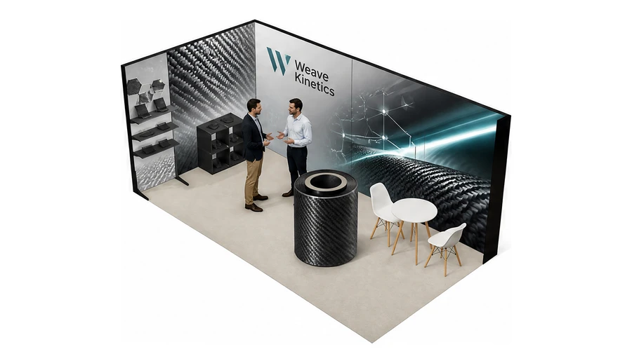 Stoisko 6 × 3 m narożne lewe dla branży materiały kompozytowe, przykładowa marka Weave Kinetics
