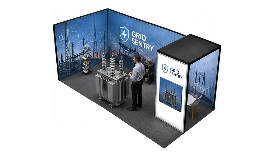 Stoisko 6 × 3 m narożne lewe dla branży energetyka i sieci, przykładowa marka Grid Sentry