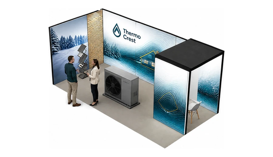 Stoisko 6 × 3 m narożne lewe dla branży pompy ciepła i ogrzewanie, przykładowa marka Thermo Crest