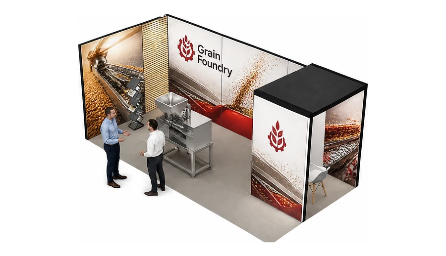 Stoisko 6 × 3 m narożne lewe dla branży technologie spożywcze, przykładowa marka Grain Foundry