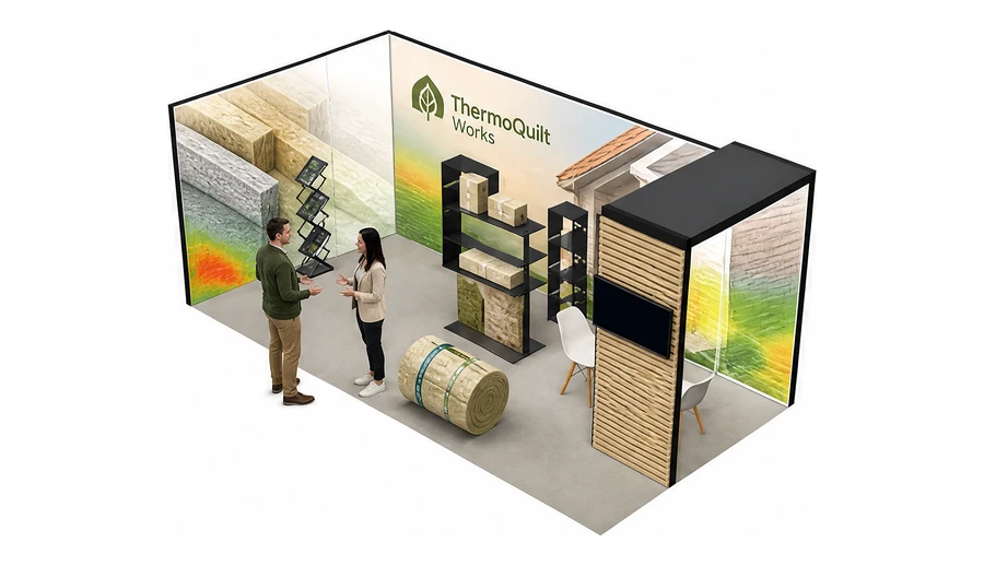 Stoisko 6 × 3 m narożne lewe dla branży izolacje techniczne, przykładowa marka ThermoQuilt Works
